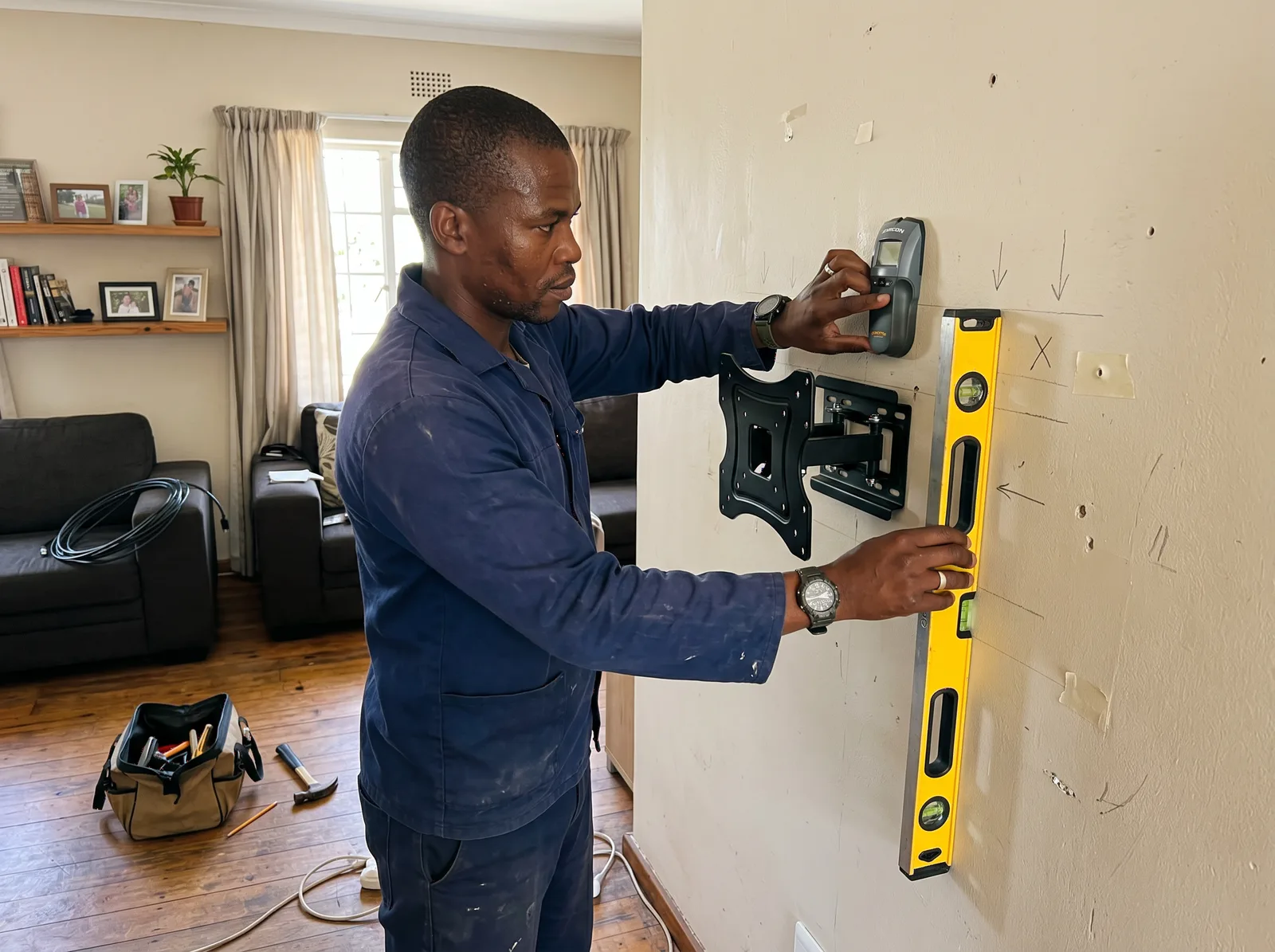 Installer using a stud finder and a spirit level to mark a wall before mounting a TV bracket, Gauteng home
