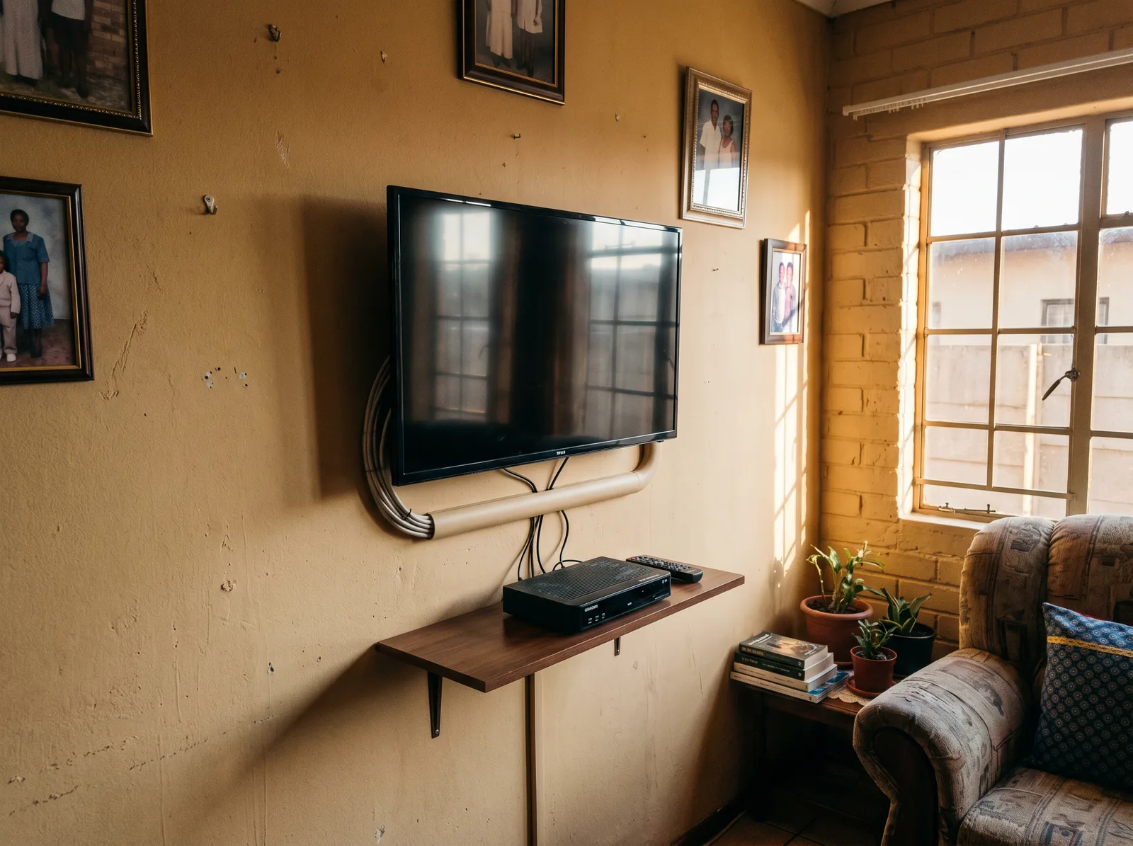 Flat-screen TV wall-mounted on a painted plaster wall in a Gauteng lounge, cables run in external trunking to a decoder on a floating shelf