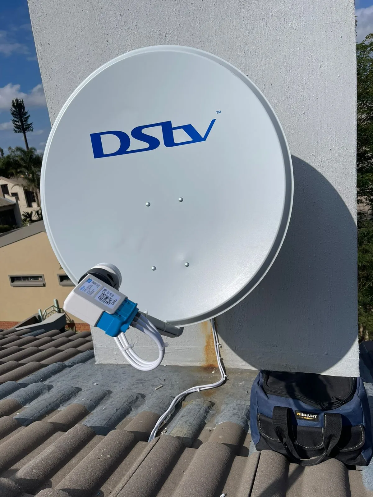 DSTV satellite dish on a corrugated iron roof framed by palm trees